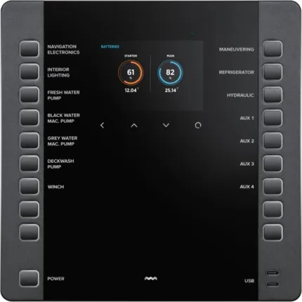 Tableau électrique NEREIDE 2E, composé d'un PICO et 19 boutons, avec interface pour sondes de niveau et température, avec extension pompe de cale, 2 ports USB-C et alimentation 6 à 35Vdc
