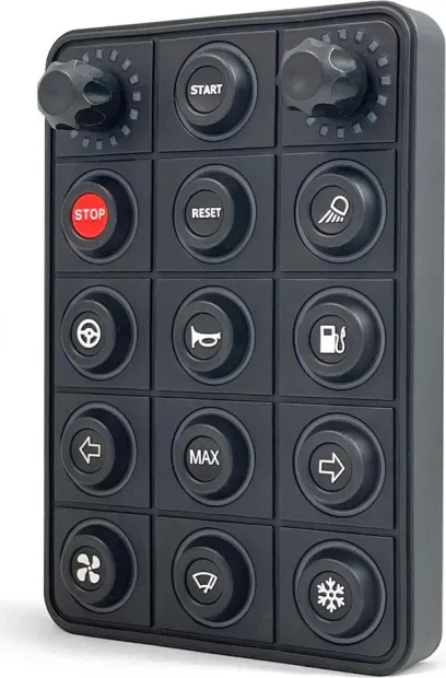 Clavier de commande Powerkey Pro à 15 touches RGB de Ø15mm dont 2 encodeurs, avec protocole CANopen et connecteur Deutsch à 4 broches et Molex 6 broches pour 4 entrées analogiques 0-5V, sans ses pastilles gravées